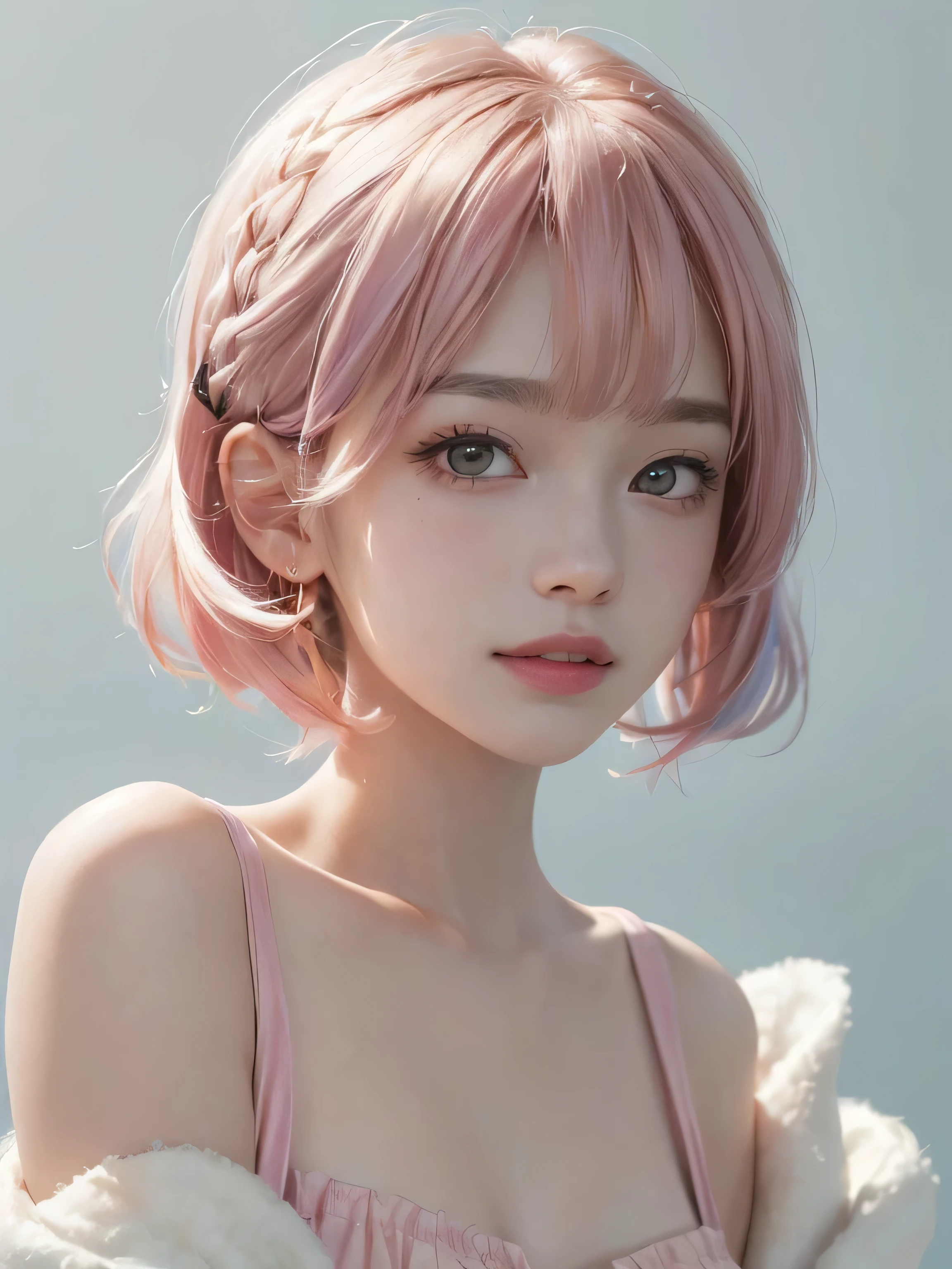 SFW:1.8、
(masterpiece、Highest quality:1.4)、
(8K resolution、Ultra-high resolution:1.2)、
Realistic,
Detailed depiction face、Eye for detailed depiction、Detailed skin、Detailed Hair、Glowing Skin、
Japanese Idols、Very beautiful woman、Detail and beauty that cannot be captured in reality:1.3、
Elegant and perfect figure、Perfect Anatomy、
1 Girl、、
Lip gloss、Add highlights to the eyes:1.5、
Dynamic Angle、(Beautiful Bangs、Highly Detailed Hair:1.5)、Glowing Skin:1.4、
Look closely at the camera、Natural and comfortable lighting、Highlights below、
Very cute smile、Very happy smile、
(Portraiture、White Background、Face close-up:2)、
Upper Body、
(Fluffy short bob hair、Pastel pink hair:1.5)、
eyelash、
Pale red eyes、
See-through costume、Brightly colored off-the-shoulder dress、