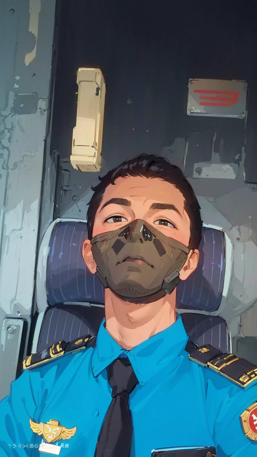 arafed man wearing a mask on a cockpit, wearing facemask, handsome man,