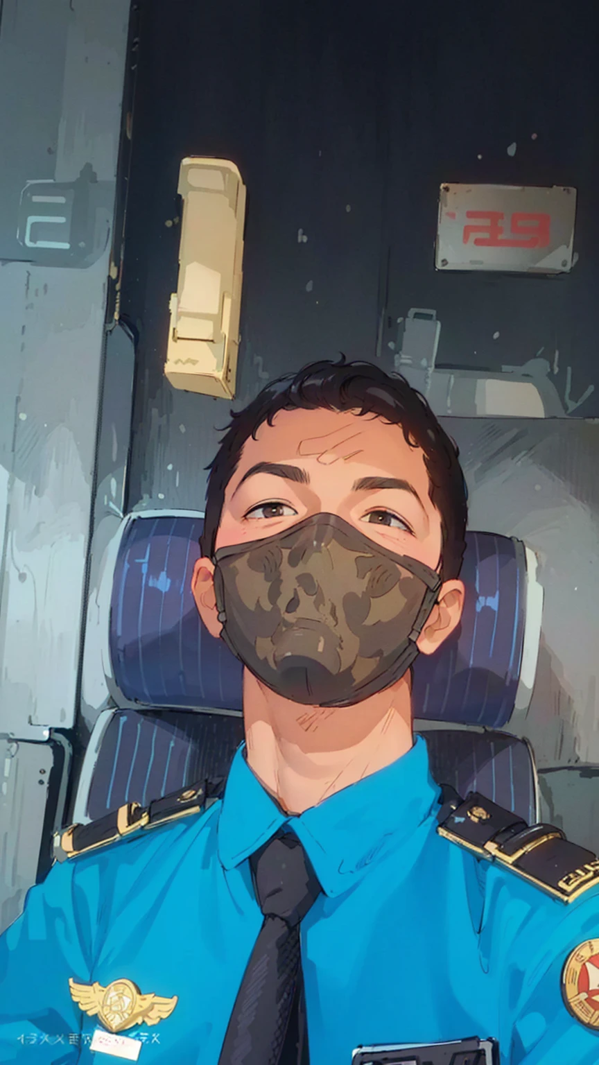 arafed man wearing a mask on a cockpit, wearing facemask, handsome man,