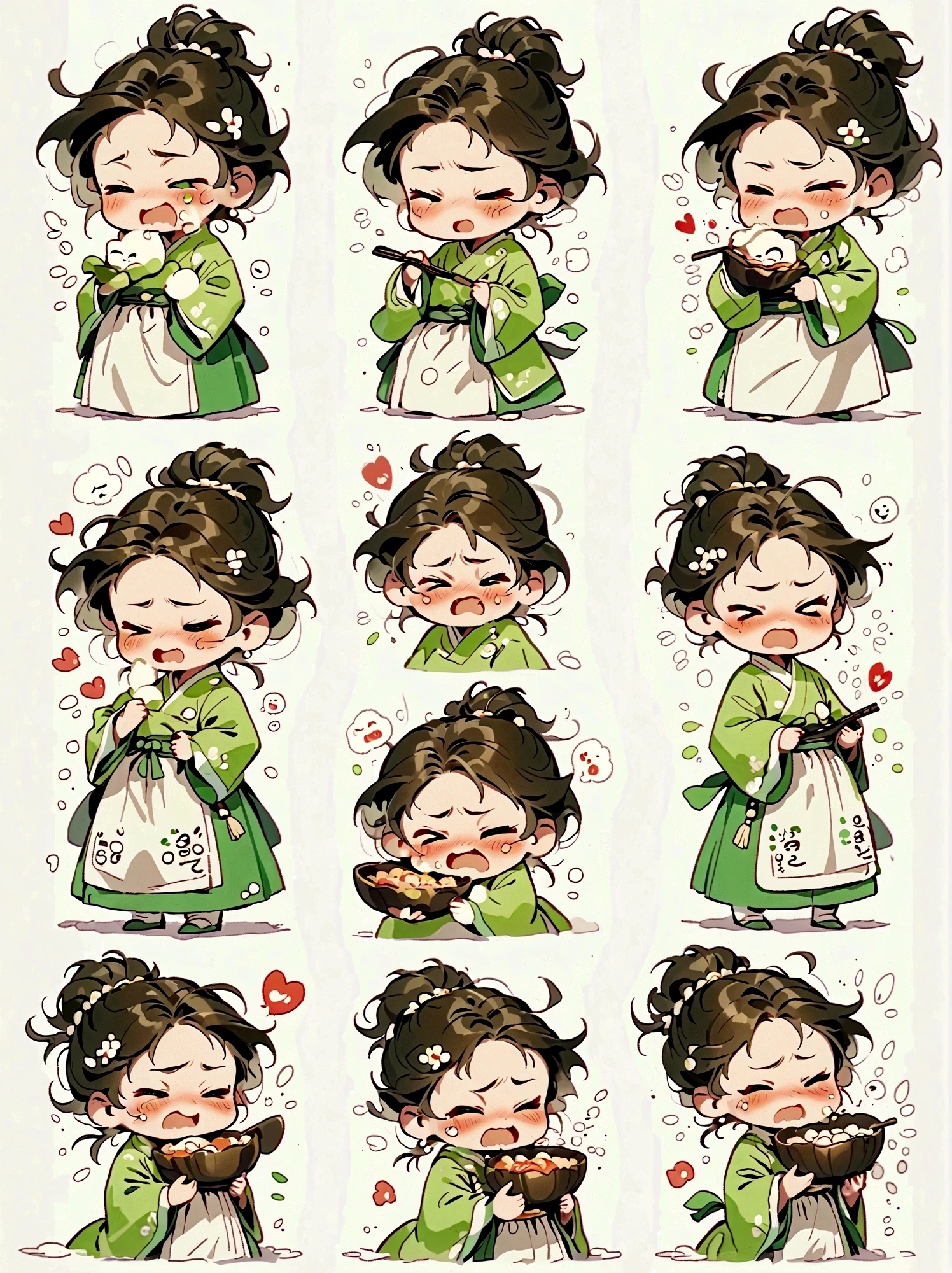  girl, green hanbok, classical and delicate, bust, chibi, 9 poses and expressions, emoticons [dizzyhappy, angry, crying, sad, cute, expectant, laughing, disappointed and shy, sleepy, eating, dizzyexpressing love, etc,1, line art, stick-er art, white background