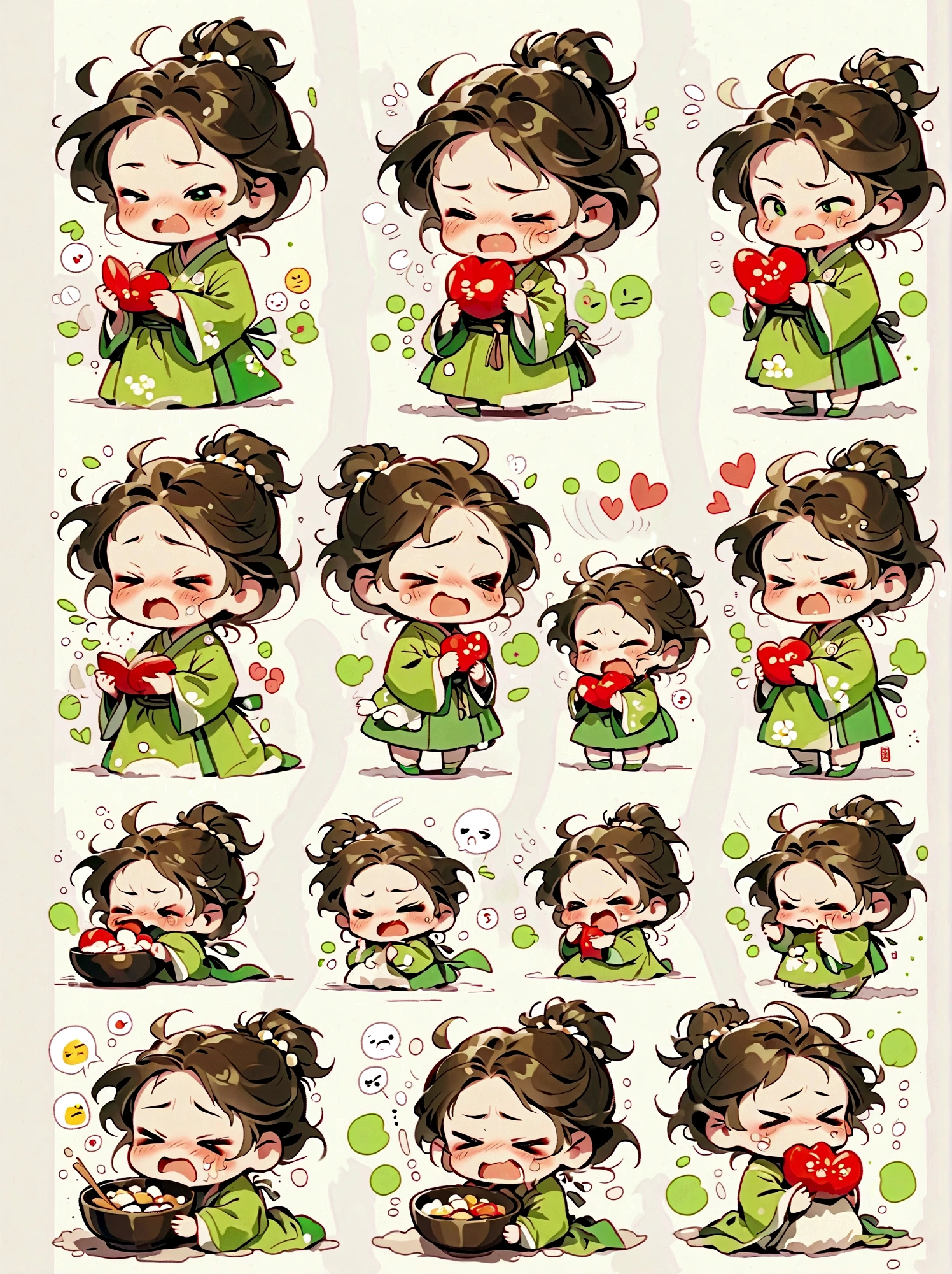girl, green hanbok, classical and delicate, bust, chibi, 9 poses and expressions, emoticons [dizzyhappy, angry, crying, sad, cute, expectant, laughing, disappointed and shy, sleepy, eating, dizzyexpressing love, etc,1, line art, stick-er art, white background