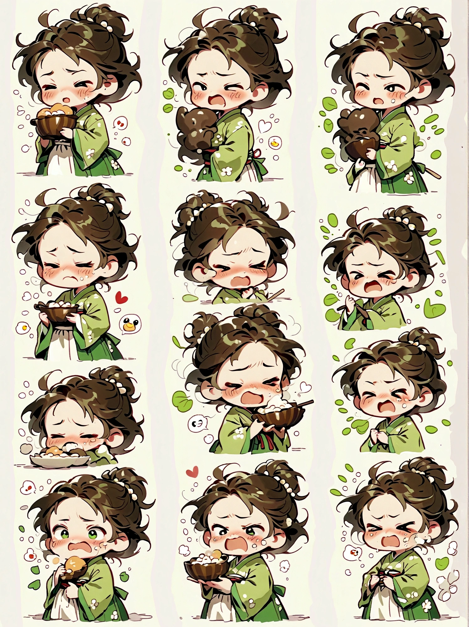 girl, green hanbok, classical and delicate, bust, chibi, 9 poses and expressions, emoticons [dizzyhappy, angry, crying, sad, cute, expectant, laughing, disappointed and shy, sleepy, eating, dizzyexpressing love, etc,1, line art, stick-er art, white background