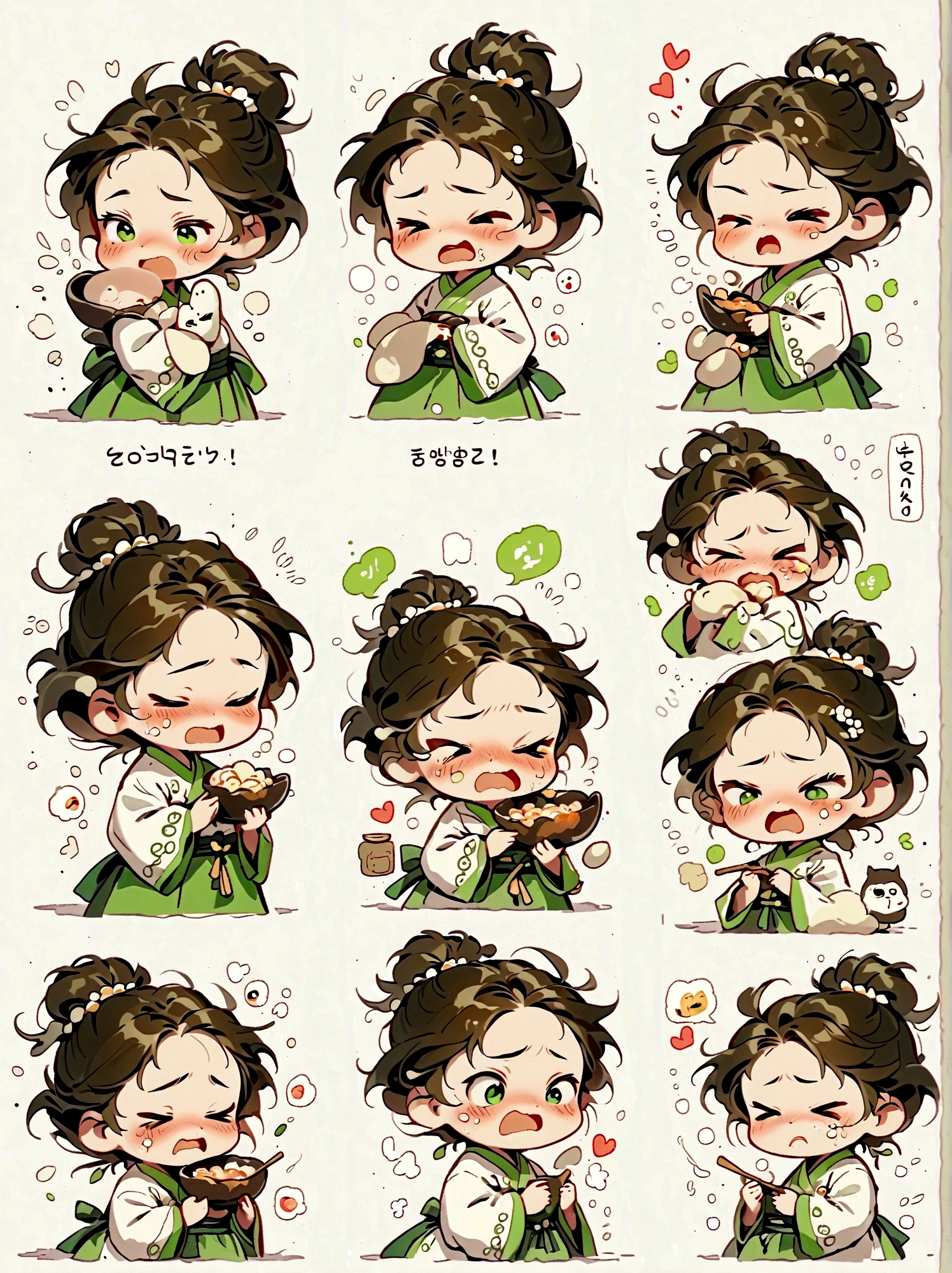 Little girl, green hanbok, classical and delicate, bust, chibi, 9 poses and expressions, emoticons [dizzyhappy, angry, crying, sad, cute, expectant, laughing, disappointed and shy, sleepy, eating, dizzyexpressing love, etc,1, line art, stick-er art, white background