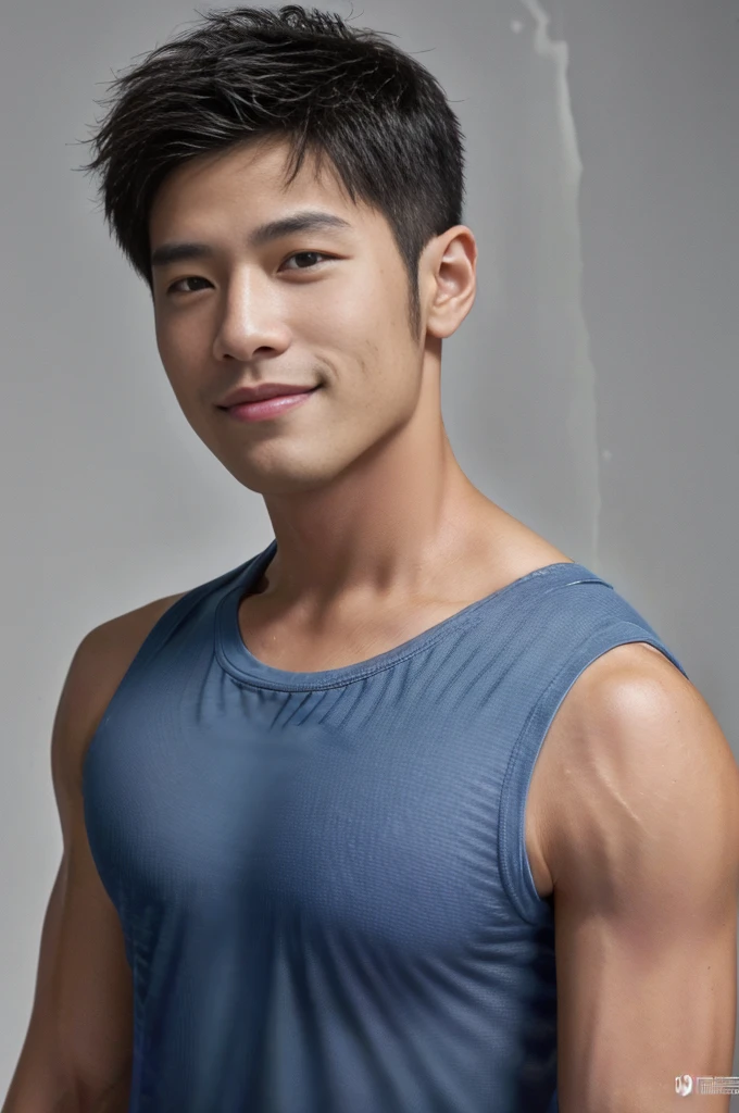 ((Highest quality, 8K, Masterpiece: 1.3))、Thailand Laos Burma Asia, Thai man, A handsome Asian rugby player with short hair, a muscular beard, and big muscles., 1A man who has、 yo、Good appearance、Beautiful nose、smile、 Detailed eyes and face、beautiful light、(studio)、high resolution、(Look at the viewer.)、Fine mouth、smile、whole body: 1.5, perfect shape: 1.3, Picture of both shoulders:1.3, Navy blue round neck t-shirt:1.5