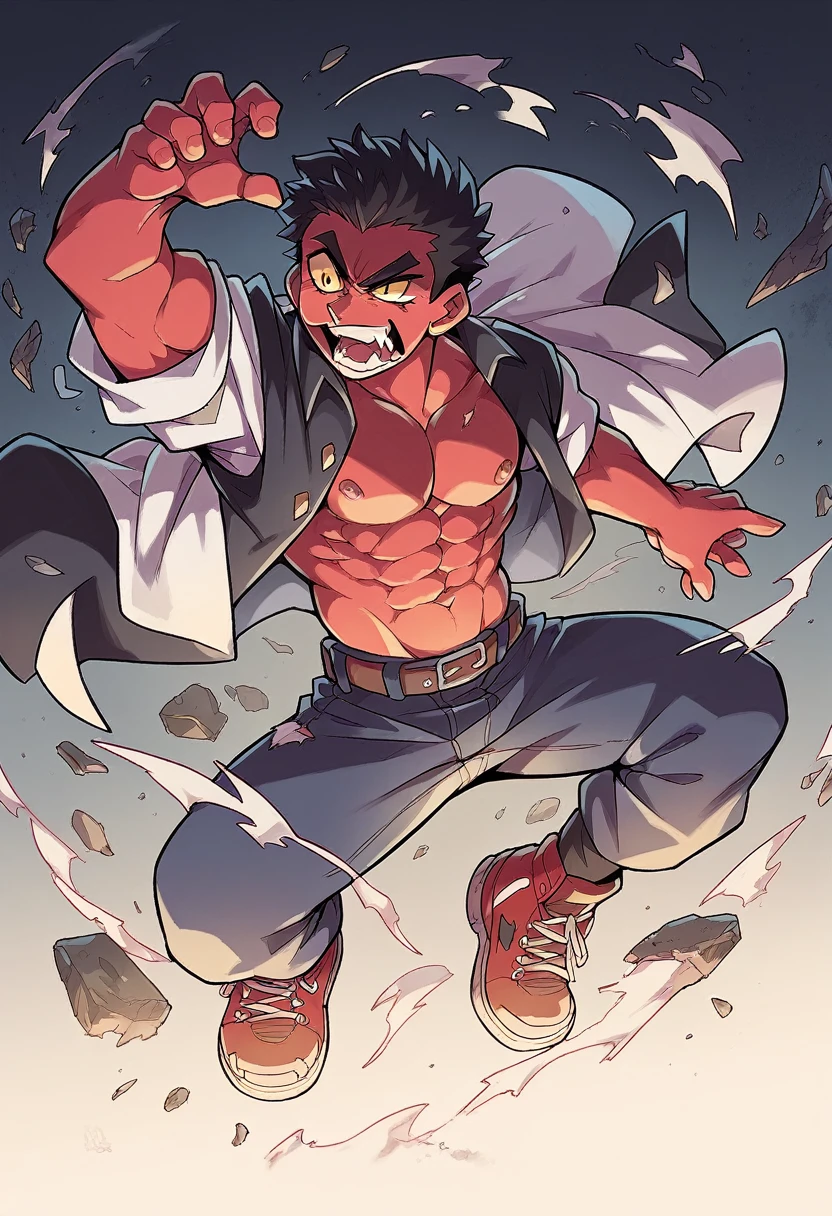 A film still of Inosuke Hashibira from Demon Slayer surrounded by smoke and debris from a demon attack his muscular physique highlighted