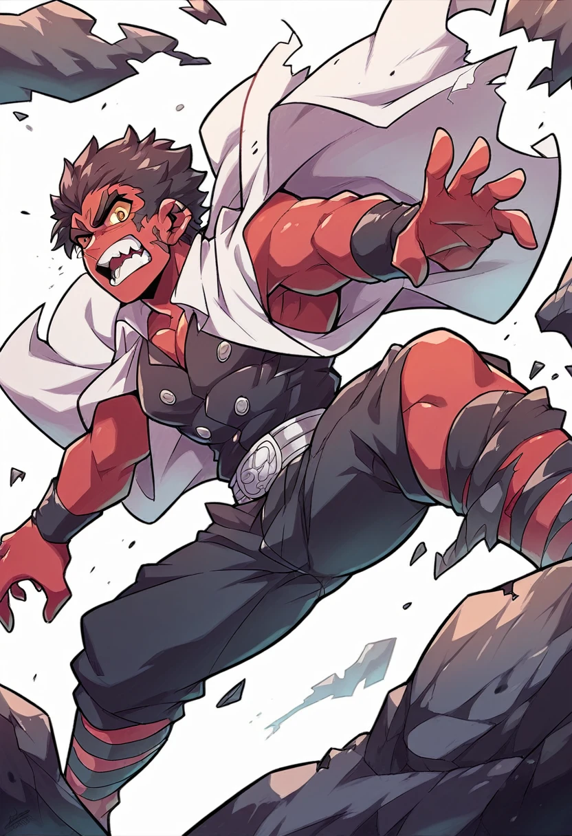 A film still of Inosuke Hashibira from Demon Slayer surrounded by smoke and debris from a demon attack his muscular physique highlighted