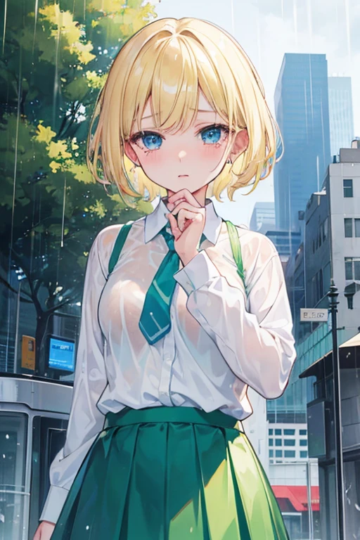 One girl, Blonde, short hair, blue eyes, White shirt, Green tie, Green Skirt, city, rain, Detailed Background, Crying face