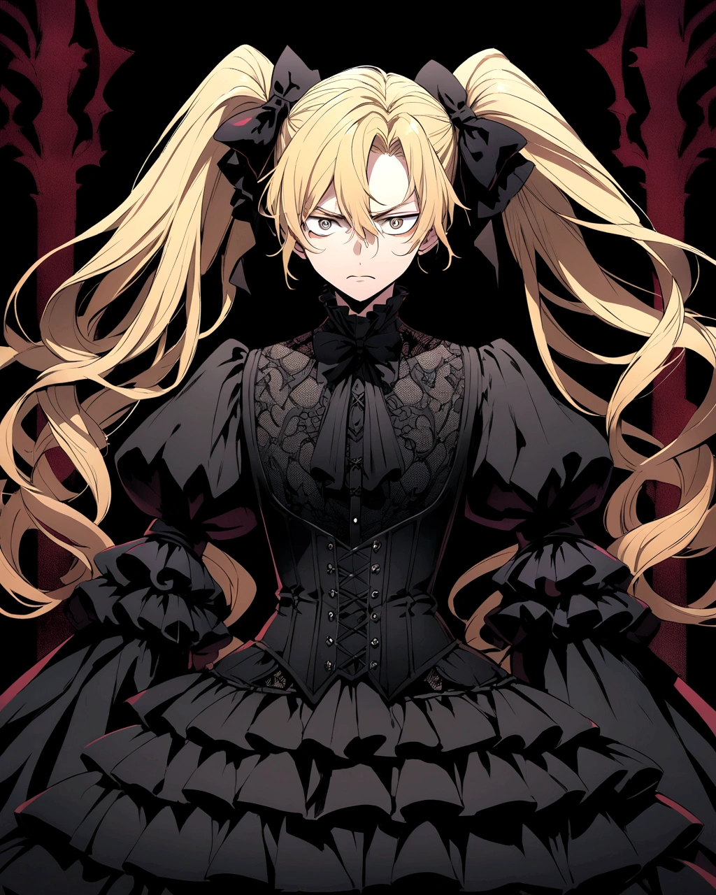 "A highly detailed, anime-style illustration of a young boy with a gothic fashion. He has long, wavy blonde hair styled in twin tails with large black bows. His expression is serious and slightly melancholic, with big, expressive eyes. He wears an elaborate black lace outfit with intricate details, including ruffles, bows, and corset-like lacing on the jacket. The outfit features puffed sleeves and layers of fabric, giving it a voluminous look. The background is plain, highlighting his elegant and gothic appearance."