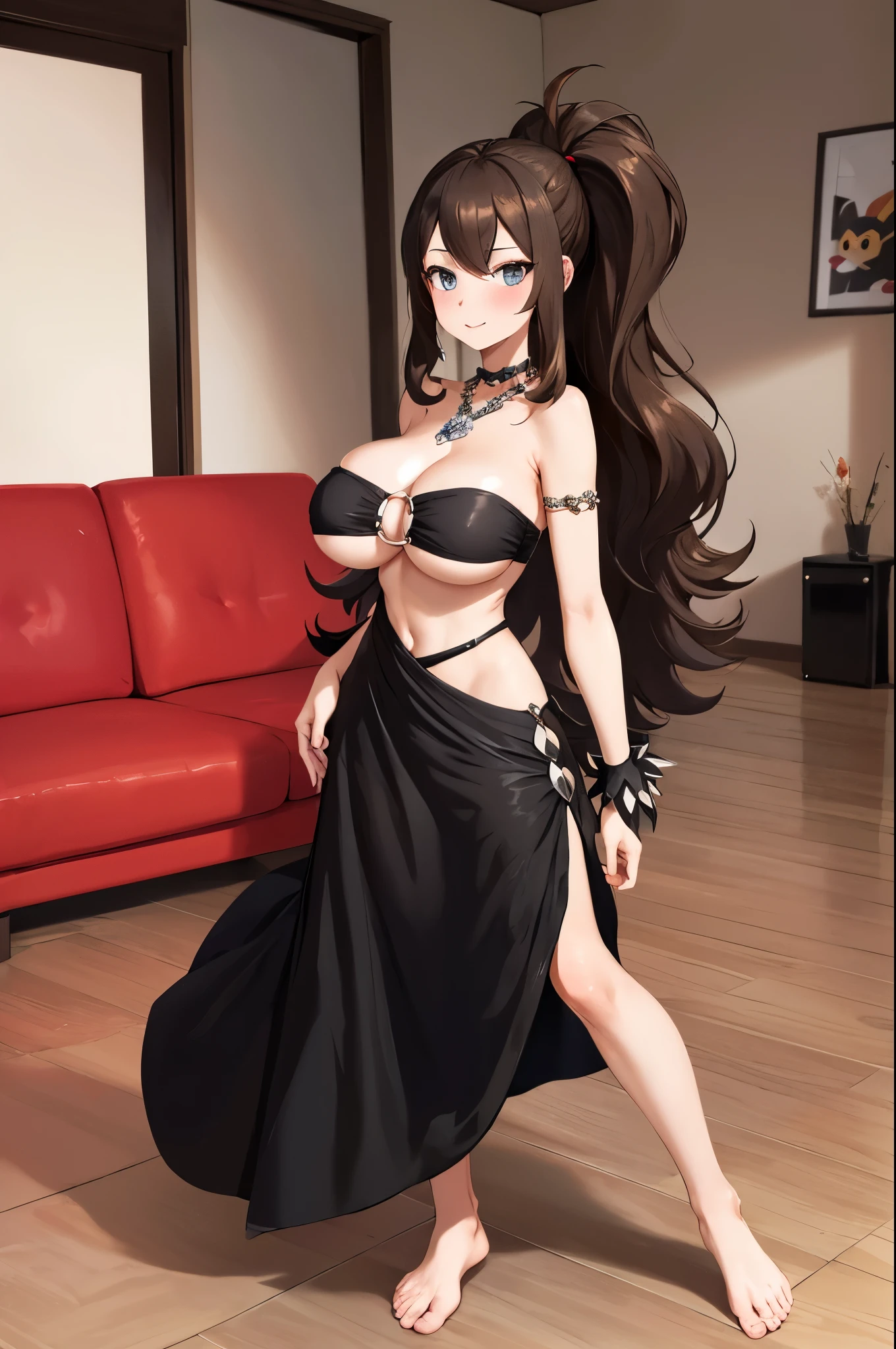 1girl, b4ckl3ssch41ns,underboob, (black dress:1.2), bare shoulders, strapless, tube top, body chains, long dress, full body, (hilda pokemon), brown hair, ponytail, large breasts, indoors, livingroom