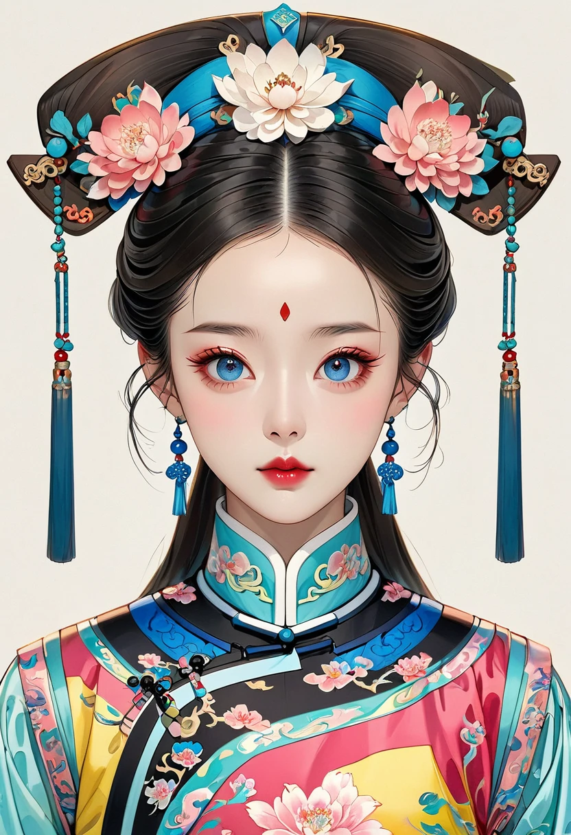Film and TV drama stills,Thick coating of the board,Colored pencils,fine digital art,Clean lines,Beautiful Chinese Qing Dynasty Princess,Bright Eyes,Exquisite facial features,(((Exaggerated Qing Dynasty flag head))),symmetry,Delicate hair,Qing Dynasty Clothing,Clean background,Bright colors,High Saturation