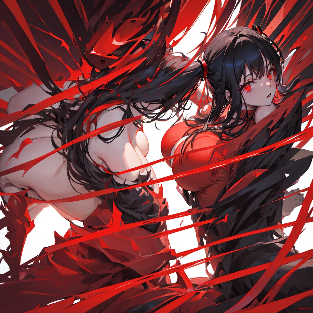 A demon girl with red horns on her head，Beauty，Black hair，Red eyes，Evil，Sexy，Big breasts，Beautiful figure，Left leg in black，Right leg bare，Black high heels，(exposed)，((Pure red background))