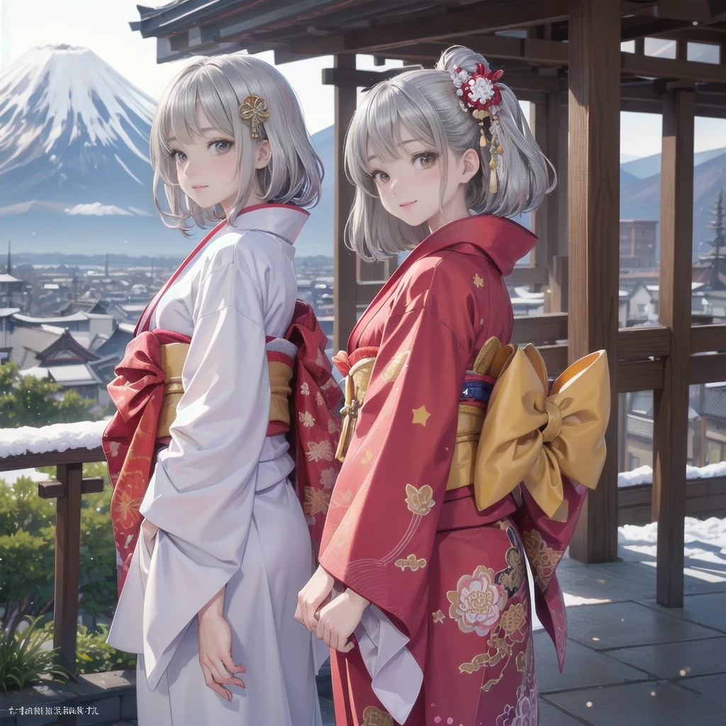 ((8K, RAW Photos, Highest quality, masterpiece)),((Showing the kimono from the obi up:1.5)), High-resolution RAW color photos、 Professional close-up photography, (Realistic, フォトrealism: 1.37), (Highest quality), (Best Shadow), (Best illustrations), High-quality images、Skin Radiance、Texture of skin and clothing、 Expression of fine eyes、Shiny Hair,Long Hair Girl, Manga inspired by Lee Jong-suk, Trending on deviantart, realism, detailed manga style, Manga art style, Perfect Line Drawing, Beautiful line art, digital manga art girl, K-POPアイドル, Beautiful brown eyes, Fuller lips, Gorgeous face with attention to detail, (Cute Smile), attractive, Innocent, (Perfectly detailed face), (Detailed and carefully drawn hand) Photorealistic images, Written boundary depth, (Japanese style princess cut hairstyle:1.5), best quality, masterpiece, New Year, ((Kimono with strikingly beautiful colorful colors, red, Silver, gold:1.7)), Three Japanese high-school cute girls, ((looking straight:1.5)), gently smiling, ((upper arms hidden by clothes and hair)), (innocent and pure high-school-girls:1.7) ((white short scarf)), ((white feather shawl)), (separately side by side:1.4), shrine background, (mount Fuji:1.3), ((snow)) winter(season), (outdoors:1.5)