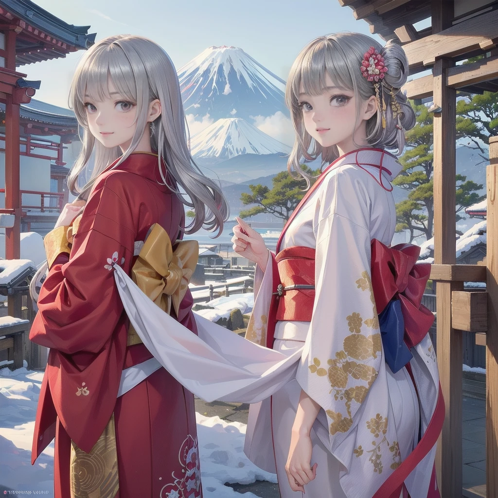 ((8K, RAW Photos, Highest quality, masterpiece)),((Showing the kimono from the obi up:1.5)), High-resolution RAW color photos、 Professional close-up photography, (Realistic, フォトrealism: 1.37), (Highest quality), (Best Shadow), (Best illustrations), High-quality images、Skin Radiance、Texture of skin and clothing、 Expression of fine eyes、Shiny Hair,Long Hair Girl, Manga inspired by Lee Jong-suk, Trending on deviantart, realism, detailed manga style, Manga art style, Perfect Line Drawing, Beautiful line art, digital manga art girl, K-POPアイドル, Beautiful brown eyes, Fuller lips, Gorgeous face with attention to detail, (Cute Smile), attractive, Innocent, (Perfectly detailed face), (Detailed and carefully drawn hand) Photorealistic images, Written boundary depth, (Japanese style princess cut hairstyle:1.5), best quality, masterpiece, New Year, ((Kimono with strikingly beautiful colorful colors, red, Silver, gold:1.7)), Three Japanese high-school cute girls, ((looking straight:1.5)), gently smiling, ((upper arms hidden by clothes and hair)), (innocent and pure high-school-girls:1.7) ((white short scarf)), ((white feather shawl)), (separately side by side:1.4), shrine background, (mount Fuji:1.3), ((snow)) winter(season), (outdoors:1.5)