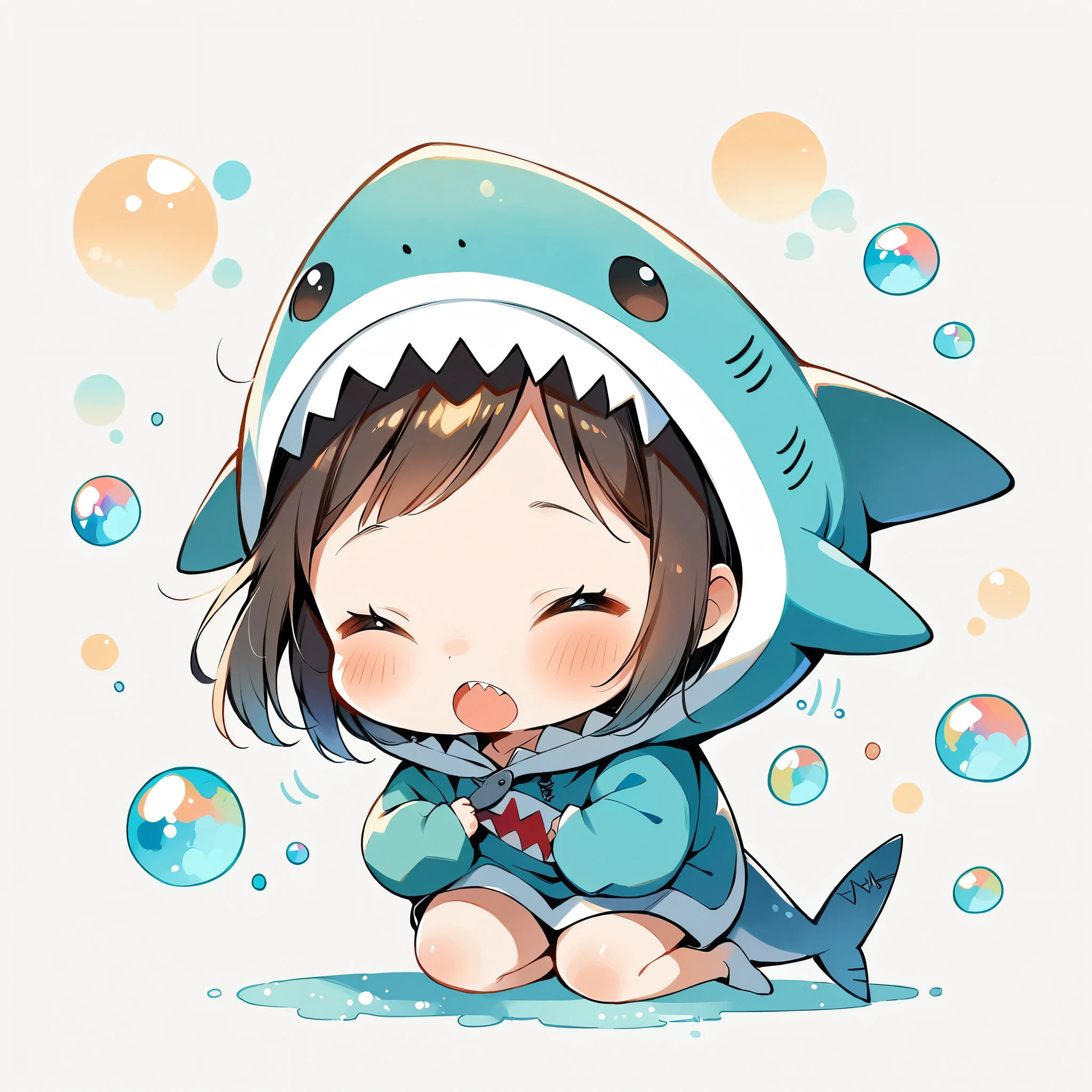 (masterpiece:1.2), (((1 Girl))), ((Chibi, Full body image))), ((Shark costume, Cute Shark Girl:1.2)), watercolor, Simple illustration, Bubble shower, Colorful water bubbles, 