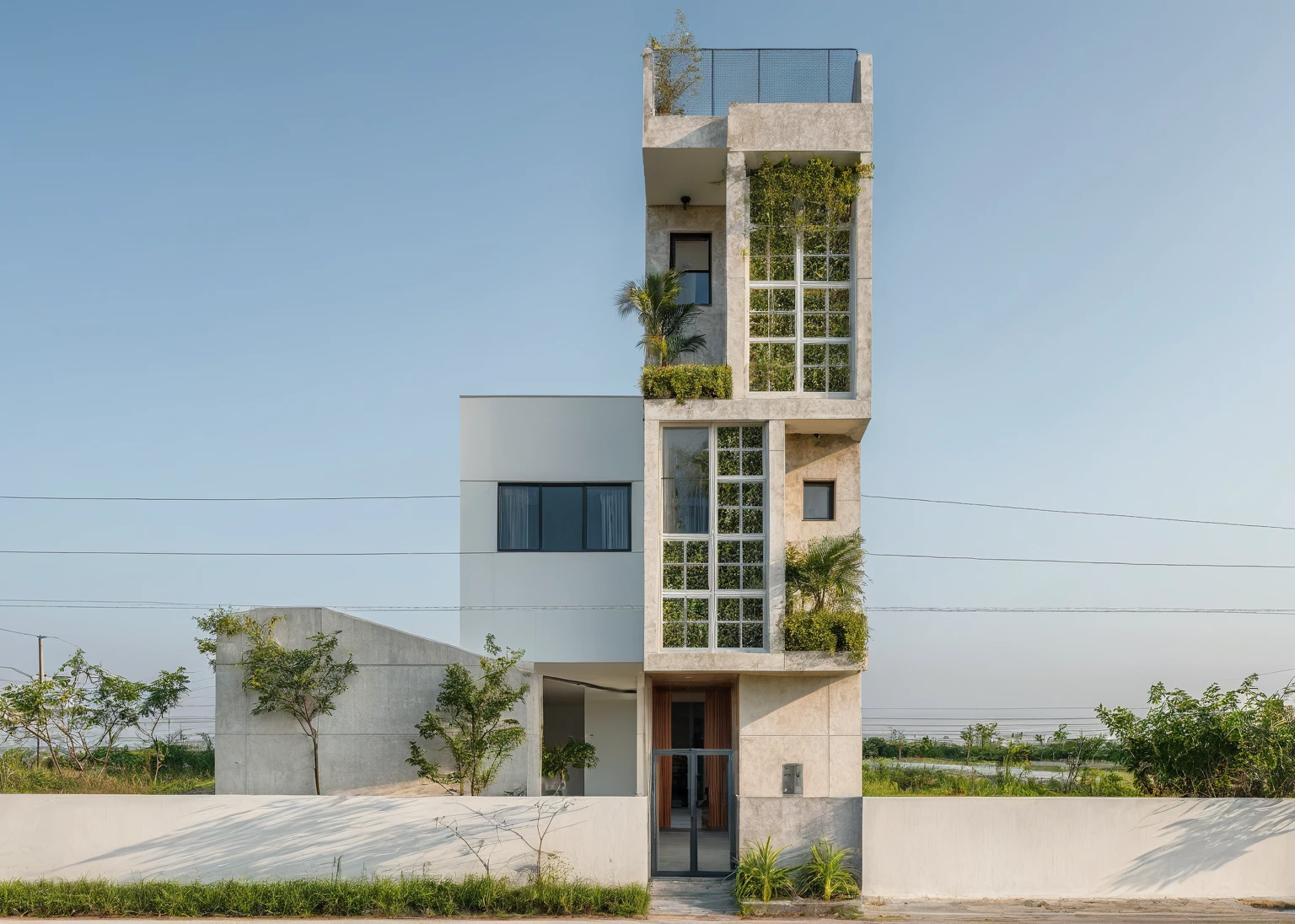 Raw photo,Masterpiece, high quality, best quality, authentic, super detail, exterior, outdoors,Tuonghoagio,house, modern stytle, on the street,wind flower wall, glass windows, white wall,gate, metal railing road,pavement, grass, trees, blue sky, (daylight:1.1), ((realistic photo))