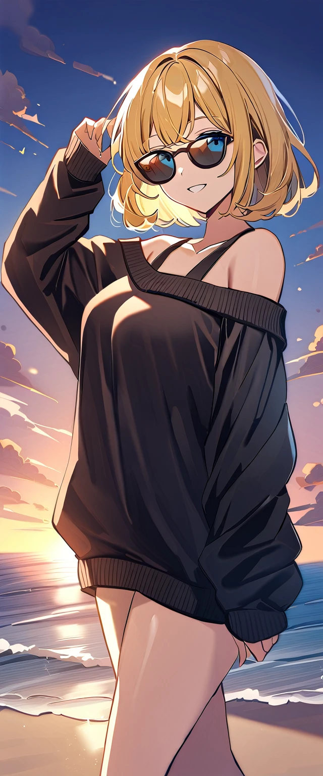 ((sea, beach)), bare legs, (()), (((sunglasses, hand to sunglasses))), (((cowboy shot))), ((wavy hair, inward curled hair)), evening, ((Sunset)), ((blond hair, bob cut:1.3)), breasts, ager, (looking at viewer), oversized clothes, puffy long sleeves, ((off-shoulder sweater:1.3, Quite thick shoulder straps)), ((black sweater)), collarbone, head tilt:1.3, (((blue eyes))), ((happy smile)), (((anime style))), (best quality, 4K, 8K, highres, masterpiece:1.2, ultra-detailed, ultra-detailed eyes, HDR, uhd, studio lighting, ultra-fine painting, sharp focus, physically-based rendering, extreme detail description, professional, vivid colors, bokeh)