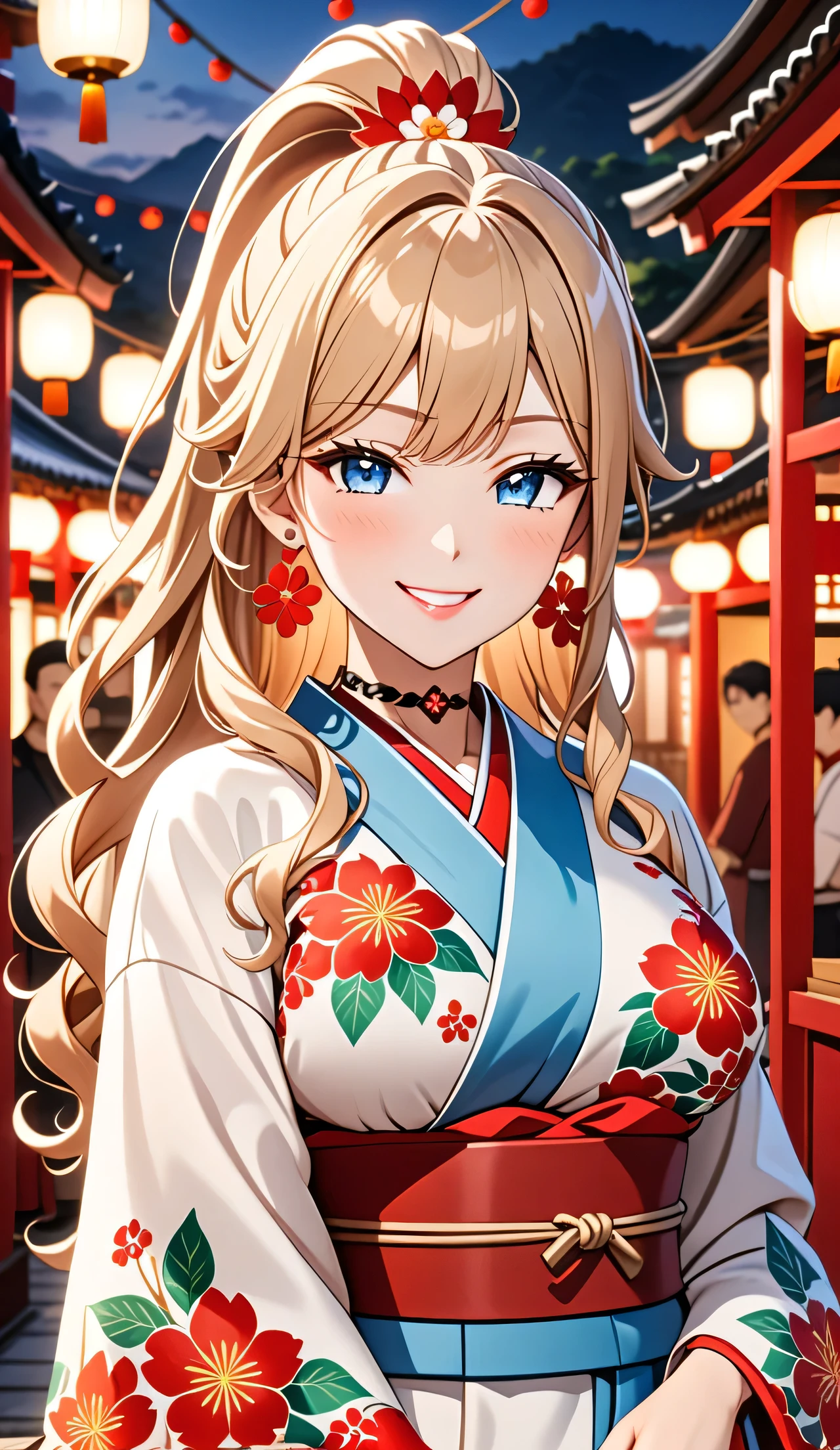 ultra-detailed, ((one girl)), hyper detailed, absurdres, 8K, Beautiful Face, (Laugh shyly), ((teasing smile:1.8)), ((wink:2.0)), (Laugh with your mouth wide open),(Tilt your head:1.3),  View your viewers, ((Bright red cheeks:1.6)),Glossy Red Lips, ((Big Breasts:1.5)), (valley),night, Shrine festival stalls, (Brighten your face), ((Anime style background)),masterpiece, Highest quality, so beautiful,Latest, complex details, (Pink long nails), (nail art), (ring),(bracelet), (Floral Choker),AI-generated, complex,High resolution, Highest quality, super high quality,3D Images、3D Images,one person,Blonde long hair,(High Ponytail), (wavy hair:1.3), Anime woman posing for a photo, ((Fine grain、blue eyes、glowing eyes:1.4)), (Squint your eyes:1.1),a hyperRealistic , hyperRealistic , Realistic,Long blonde anime woman, Smooth anime CG art, Embroidered with a pink large floral pattern、A girl in a gorgeous kimono, ((White long-sleeved kimono)),(Pink large floral pattern) ,Long flower hair ornament,Floral Earrings,Mature Body, tall,Abdominal muscles,Tight waist,((portrait:1.8)), (front view),