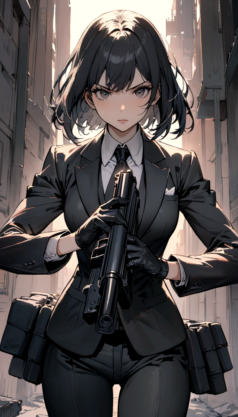 A Japanese girl in a black suit wearing black leather gloves,Holding the gun with both hands