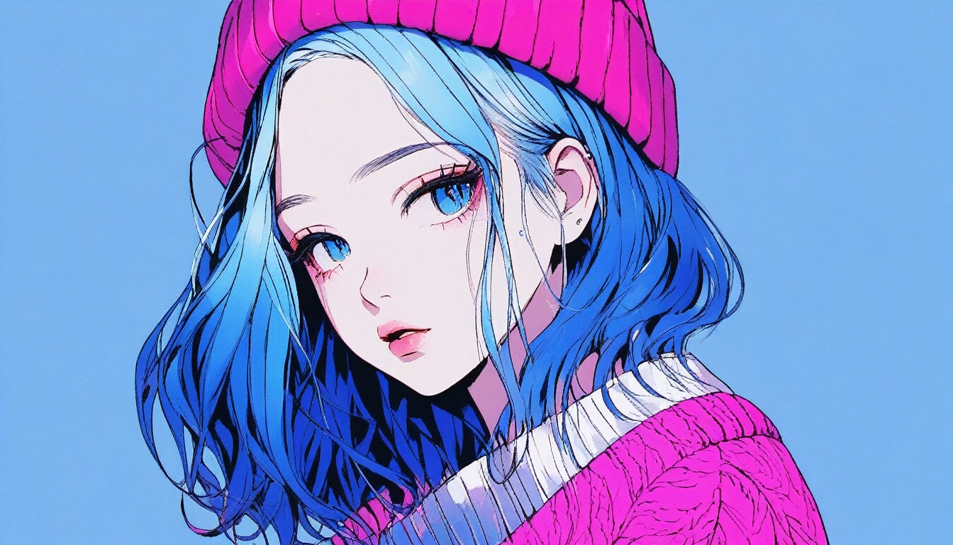 illustrator, anime , realistic ,sketch , 1 girl, ,lip, sweater,order, Blue gradient background, neon hair,Textured trim, Canadian, (masterpiece,Best quality) ganyou