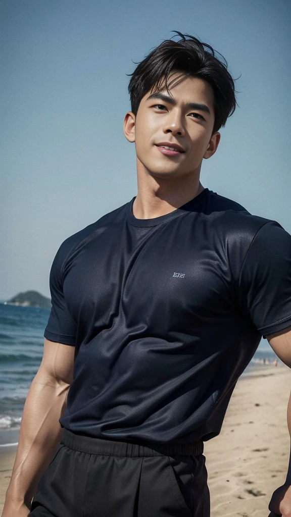 (Create a masterpiece: 1.2),(CGI art:1.3),(realistic:1.5),(After processing:1.3), (Sharp focus:1.3), 1 man, open mouth, smile, (Navy blue round neck shirt), Navy cargo pants, Korean guy , korean men, (High gloss details), chest muscles, large arm muscles, blood vessel, Big muscles, Broad shoulders, looking at the audience, Balancing the eyes, Seaside, beach, sunlight, running towards the camera