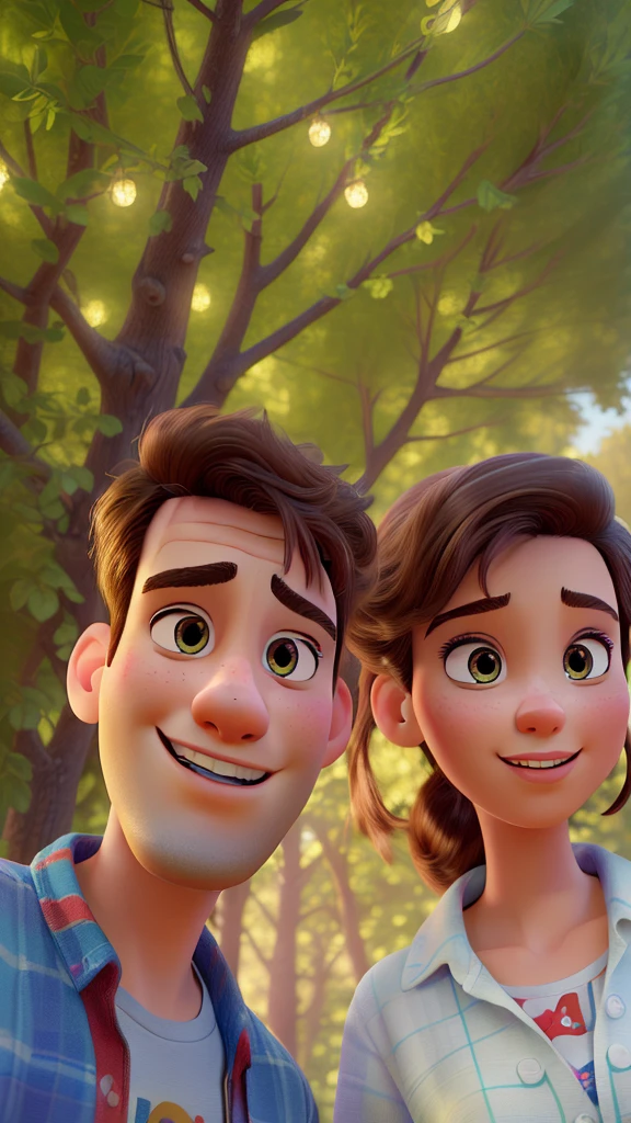 (best quality,highres,masterpiece:1.2), Disney Pixar style couple in a theater, ultra-detailed, (realistic,photorealistic,photo-realistic:1.37), vibrant colors, theatrical lighting