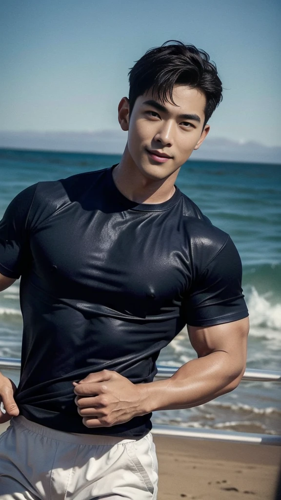 (Create a masterpiece: 1.2),(CGI art:1.3),(realistic:1.5),(After processing:1.3), (Sharp focus:1.3), 1 man, open mouth, smile, (Navy blue round neck shirt), Navy cargo pants, Korean guy , korean men, (High gloss details), chest muscles, large arm muscles, blood vessel, Big muscles, Broad shoulders, looking at the audience, Balancing the eyes, Seaside, beach, sunlight, running towards the camera