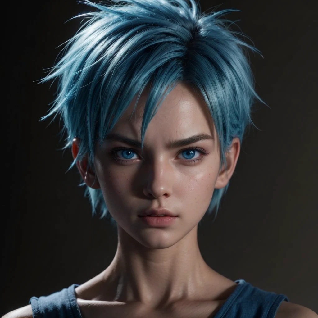 Bulma, blue eyes, highly detailed, incredibly realistic, perfect face and body, spiked hair, determined expression, dynamic pose, photorealistic, 8k, hyperrealistic, cinematic lighting, dramatic shadows, vibrant colors, masterpiece.