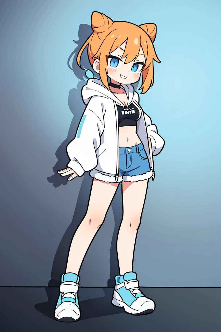 1girl, solo, orange hair, twin buns, blue eyes, eyeliner, light grin, medium breasts, white hoodie with light blue hood, black choker, denim shorts, light blue sneakers, frow below