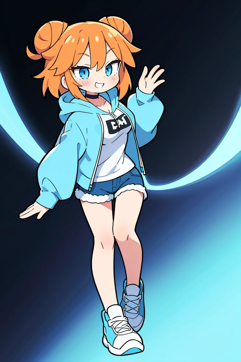 1girl, solo, orange hair, twin buns, blue eyes, eyeliner, light grin, medium breasts, white hoodie with light blue hood, black choker, denim shorts, light blue sneakers, frow below