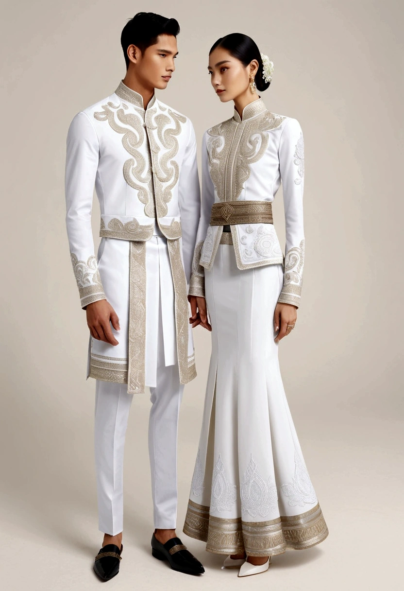 candid fashion illustration of two young man and women, adorned in a meticulously crafted North Thai traditional outfit, stands gracefully against the backdrop of the Thai temples. Their attire shimmers with intricate embroidery and white accents, each element carefully chosen to reflect the rich Lanna cultural heritage, ((showcase fashion in a Northern Thai Lanna outfits all in white)), in elegant luxury style, The man wears a simple long-sleeved white shirt with minimal details, paired with white Tailor pants, shoes, The woman complements him with white tubular skirt that is handwoven and simple patterns, ankle-length and is wrapped around the waist detail, and A fitted intricately decorated blouse that complements the skirt. Captured in a low angle, ((full-body image)), (full-body pose)), ((white studio background)), realistic color pencil lines, perfect drawing, charcoal lines, fading sketch, quick Sketch, soft light,