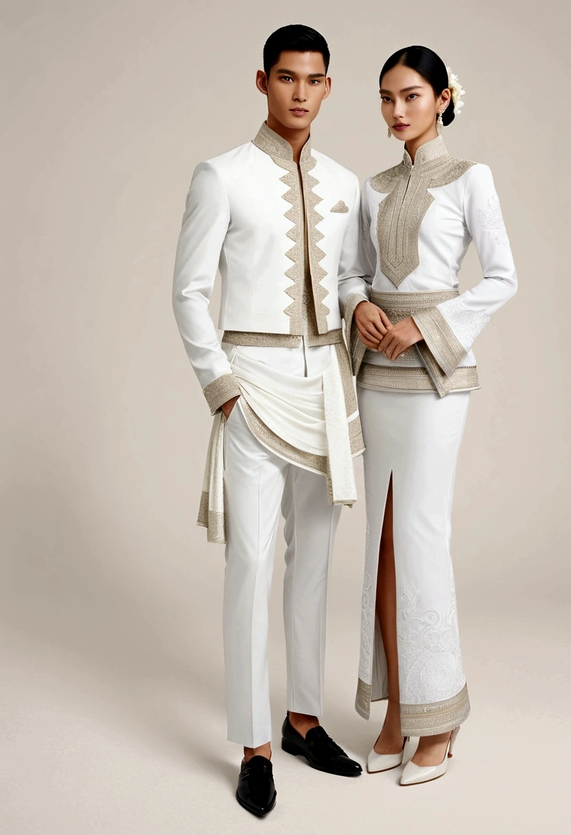 candid fashion illustration of two young man and women, adorned in a meticulously crafted North Thai traditional outfit, stands gracefully against the backdrop of the Thai temples. Their attire shimmers with intricate embroidery and white accents, each element carefully chosen to reflect the rich Lanna cultural heritage, ((showcase fashion in a Northern Thai Lanna outfits all in white)), in elegant luxury style, The man wears a simple long-sleeved white shirt with minimal details, paired with white Tailor pants, shoes, The woman complements him with white tubular skirt that is handwoven and simple patterns, ankle-length and is wrapped around the waist detail, and A fitted intricately decorated blouse that complements the skirt. Captured in a low angle, ((full-body image)), (full-body pose)), ((white studio background)), realistic color pencil lines, perfect drawing, charcoal lines, fading sketch, quick Sketch, soft light,