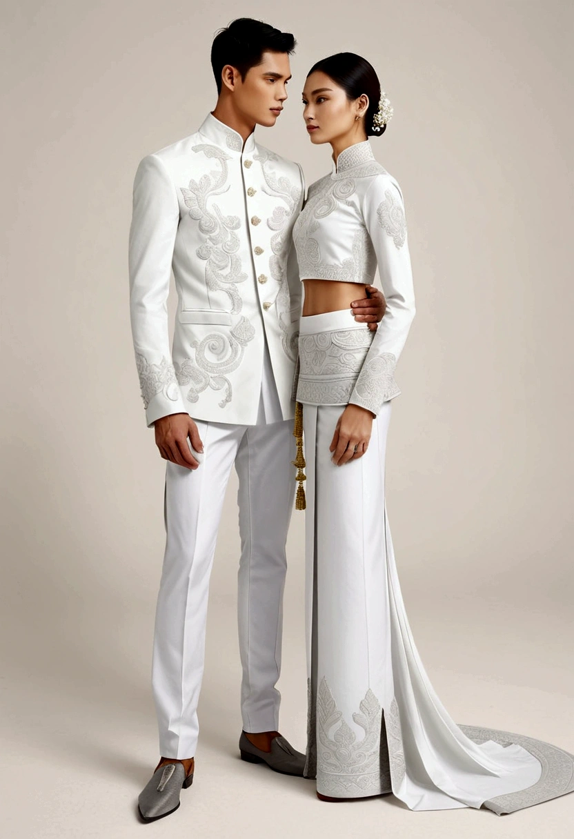 candid fashion illustration of two young man and women, adorned in a meticulously crafted North Thai traditional outfit, stands gracefully against the backdrop of the Thai temples. Their attire shimmers with intricate embroidery and white accents, each element carefully chosen to reflect the rich Lanna cultural heritage, ((showcase fashion in a Northern Thai Lanna outfits all in white)), in elegant luxury style, The man wears a simple long-sleeved white shirt with minimal details, paired with white Tailor pants, shoes, The woman complements him with white tubular skirt that is handwoven and simple patterns, ankle-length and is wrapped around the waist detail, and A fitted intricately decorated blouse that complements the skirt. Captured in a low angle, ((full-body image)), (full-body pose)), ((white studio background)), realistic color pencil lines, perfect drawing, charcoal lines, fading sketch, quick Sketch, soft light,