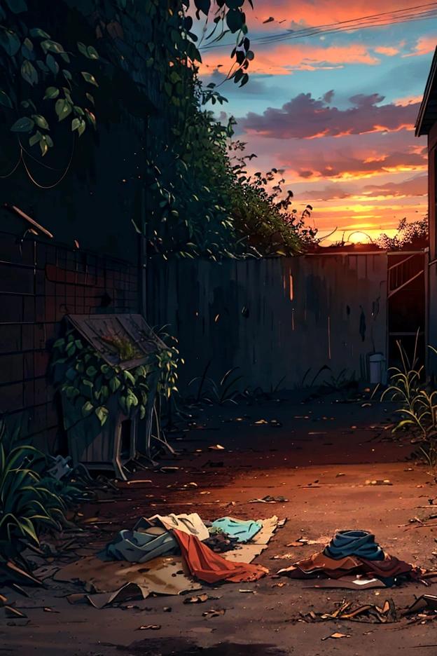 old clothes on ground and on bush, no person in image, dirty bush, sunset colors, abandoned, detailed image