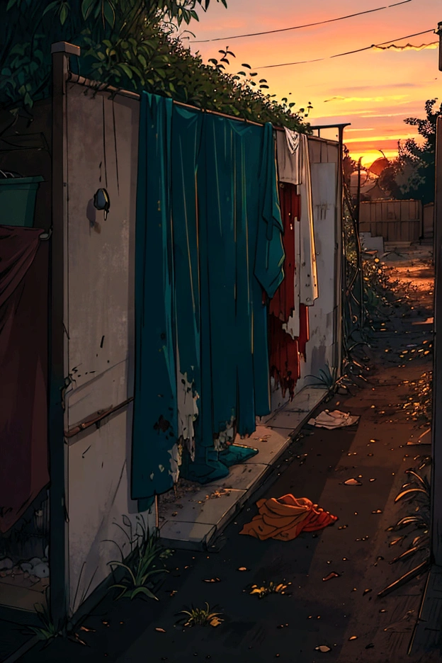 old clothes on ground and on bush, no person in image, dirty bush, sunset colors, abandoned, detailed image