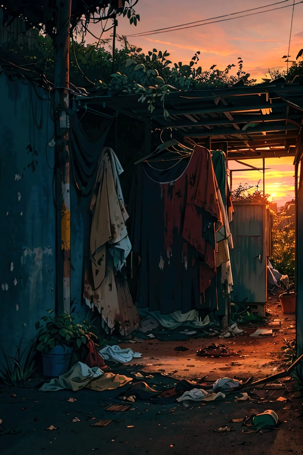 old clothes on ground and on bush, no person in image, dirty bush, sunset colors, abandoned, detailed image