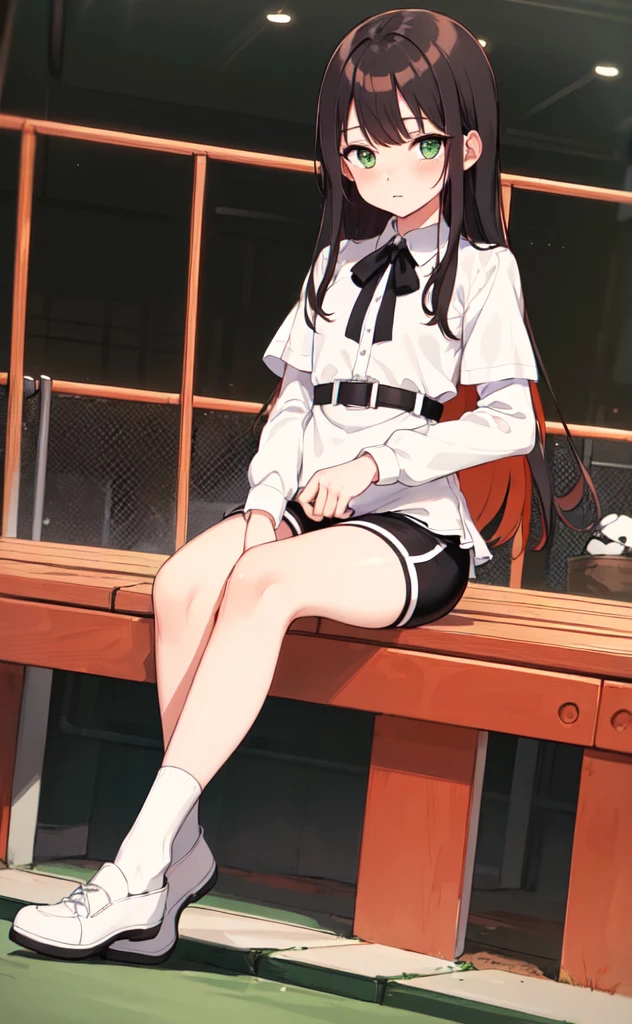 (best quality,high resolution,Beautiful and delicate eyes,White lighting:1.2),Green Eyes, Looking at the audience, Long hair, Orange Hair，leather shoes, Black footwear,White socks，Short sleeve，sports Shorts，blush, Long sleeve, Bangs, Black Hair, Orange Hair, Ruffles，playground