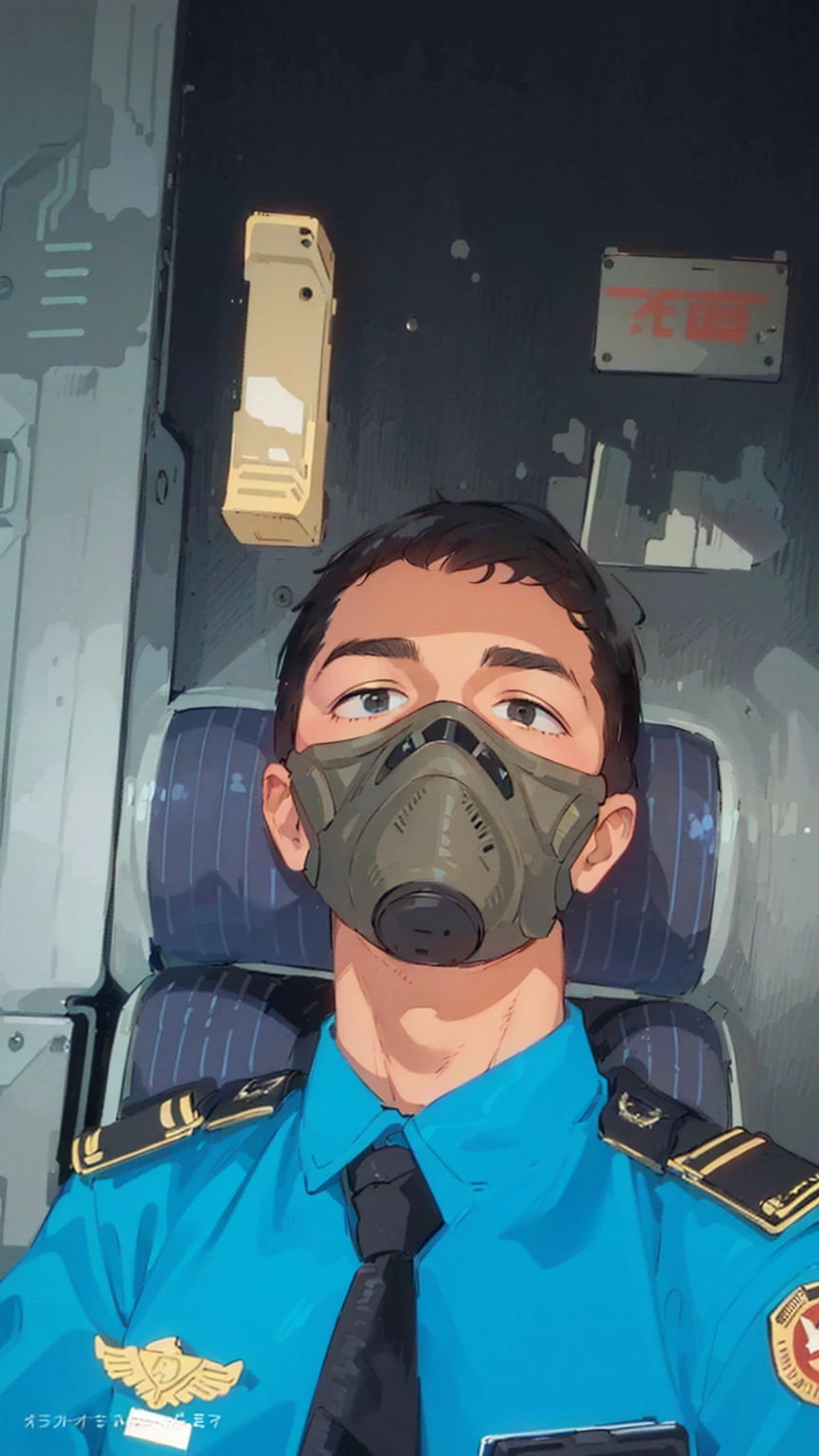 a handsome man wearing a black gas mask, sitting in an aircraft cockpit,