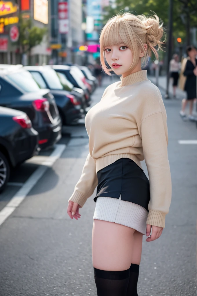 （blonde、himiko toga、((Enamel tight miniskirt))、dark eyeshadow、Fasun、twin tail、bun hair、thin eyebrows、Black socks、black loafers））、NSFW、masterpiece、最high quality、high quality、grow、beautiful excrement、high resolution、매우 high resolution、raw photo、best illustration、hyper realistic、1 girl、realistic、very detailed、photoreal、incredibly absurd、enlargement、floating hair、soft light、movie theater lights、film grain、Full Body Sbian、Depth of recorded boundary、blurred background、bokeh:1.4、Focus of the eye、85mm lens、professionally lit、lens flare、luminescent particles:0.6、professional writing、portrait:0.6、photon mapping、radio city、Physically Based Rendering、japanese girl、heat:1.5、lifelike face、realistic body、Looks like real skin、huge breasts:1.3、good style、camel toe、pale skin:1.1、cute:1.5