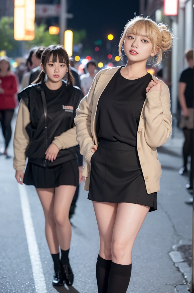 （blonde、himiko toga、((Enamel tight miniskirt))、dark eyeshadow、Fasun、twin tail、bun hair、thin eyebrows、Black socks、black loafers））、NSFW、masterpiece、最high quality、high quality、grow、beautiful excrement、high resolution、매우 high resolution、raw photo、best illustration、hyper realistic、1 girl、realistic、very detailed、photoreal、incredibly absurd、enlargement、floating hair、soft light、movie theater lights、film grain、Full Body Sbian、Depth of recorded boundary、blurred background、bokeh:1.4、Focus of the eye、85mm lens、professionally lit、lens flare、luminescent particles:0.6、professional writing、portrait:0.6、photon mapping、radio city、Physically Based Rendering、japanese girl、heat:1.5、lifelike face、realistic body、Looks like real skin、huge breasts:1.3、good style、camel toe、pale skin:1.1、cute:1.5