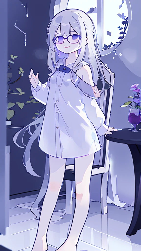(flat:1.5),(cafe, window, sunlight, table, chair, sedentary:1.5) (BIG ASS, thick thighs:0.7), (warm light source:1.2), intricate details, volumetric lighting, Realism BREAK(masterpiece:1.2), (top quality), 4K, ultra detail, (Dynamic configuration:1.4), Very detailed and colorful details,(rainbow colors:1.2), (shining lights, atmospheric lighting), dreamy, magical, (alone:1.2), intricate details, cheeky expression, (big bust:1.5), (Black eyes with a slight purple tint:1.5), (a devastated expression, dead eyes, dark atmosphere:1.5), (Very white and long hair with a bluish tint, weak perm:1.5), (oversized white shirt:1.5), (bare foot, round-rimmed glasses:1.5), (chubby:1.1), (smiling faintly:1.5),(human ear,thin legs:1.5),(chair에 sedentary, diagonal shot:1.5)