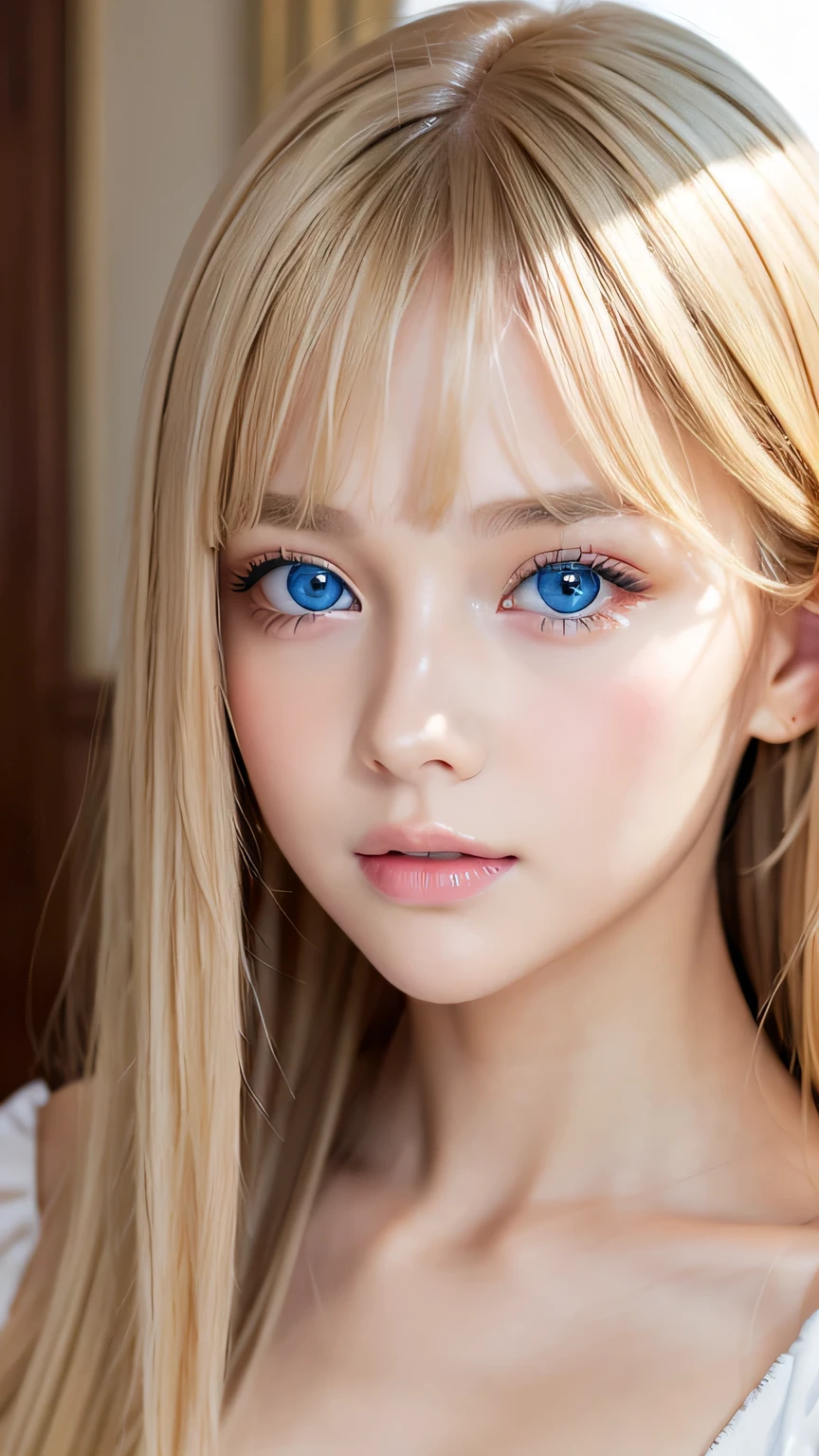 Highest quality、masterpiece、(Realistic:1.4)、One very beautiful blonde girl、Dazzlingly long, super long straight silky platinum blonde、Bangs between the eyes、bangs on the face、Big, very bright light blue eyes that shine so beautifully、Very big eyes、front、Detailed face、Beautiful Eyes、Very white and bright, beautiful skin、Small Face Beauty、14 year old beautiful girl、Cheek gloss highlighter、Round face