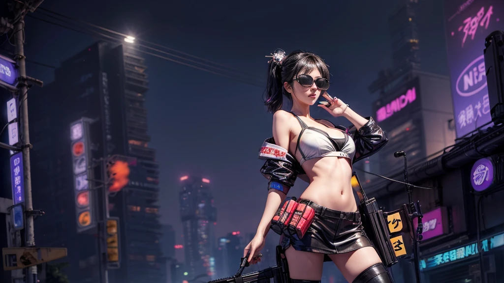 8k, Realistic Skin Texture, Realistic Photo, Neo Tokyo, slim women, large-breast:1.4 cleavage:1.3, AD2050 at night, Dirty hunting jacket, Wearing tube top, miniskirt, (((black sunglasses, automatic rifle, sneakers, cold, shooting pose, very low angle view))), Innovative composition, revenge, cyberpunk, blade runner worldview, Large neon sign, Geisha hologram sign, Strong Wakamoto Sign.