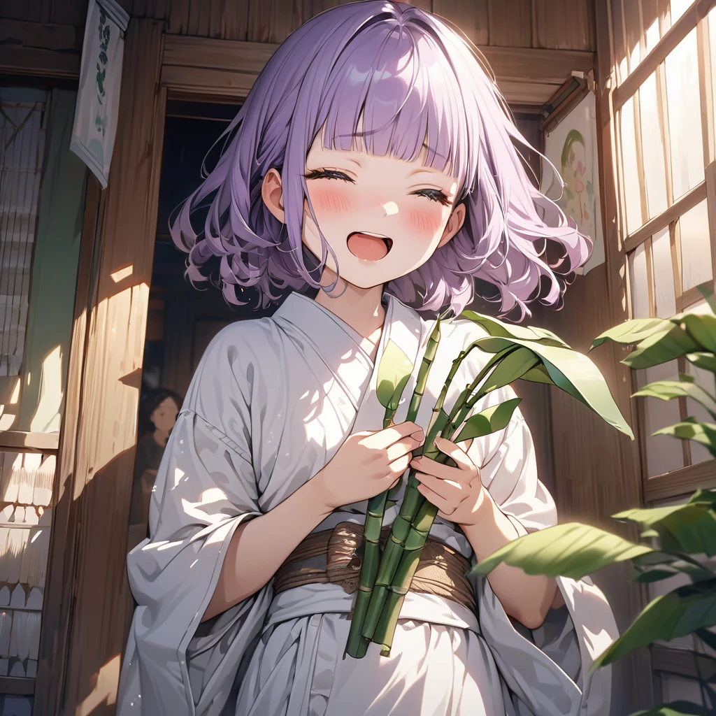 masterpiece, ultra detailed, 8K, a girl, kawaii, light atmosphere, (Cute a tsundere girl:1.5), anime visual, (tilt head:1.3), extremely delicate face, realistic lighting and shading, (an extremely delicate and beautiful art:1.3), a girl,blush,Japanese-style white colored yukata, cowboy shot, pale purple hair, blunt bangs hair, green eyes, indigo-colored Oshima Tsumugi, A girl with her mouth open and closed eyes ,laughing, holding a bunch of long bamboo leaves in her hands,