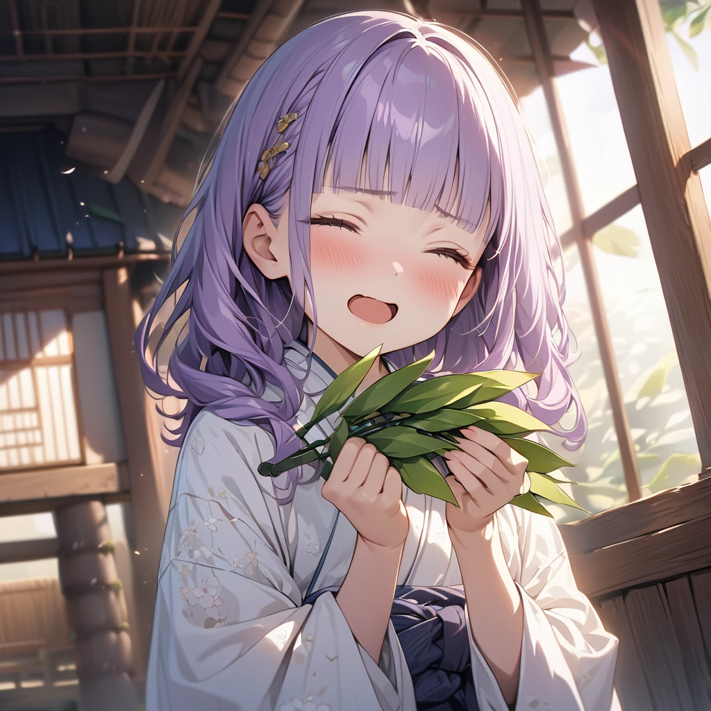 masterpiece, ultra detailed, 8K, a girl, kawaii, light atmosphere, (Cute a tsundere girl:1.5), anime visual, (tilt head:1.3), extremely delicate face, realistic lighting and shading, (an extremely delicate and beautiful art:1.3), a girl,blush,Japanese-style white colored yukata, cowboy shot, pale purple hair, blunt bangs hair, green eyes, indigo-colored Oshima Tsumugi, A girl with her mouth open and closed eyes ,laughing, holding a bunch of long bamboo leaves in her hands,