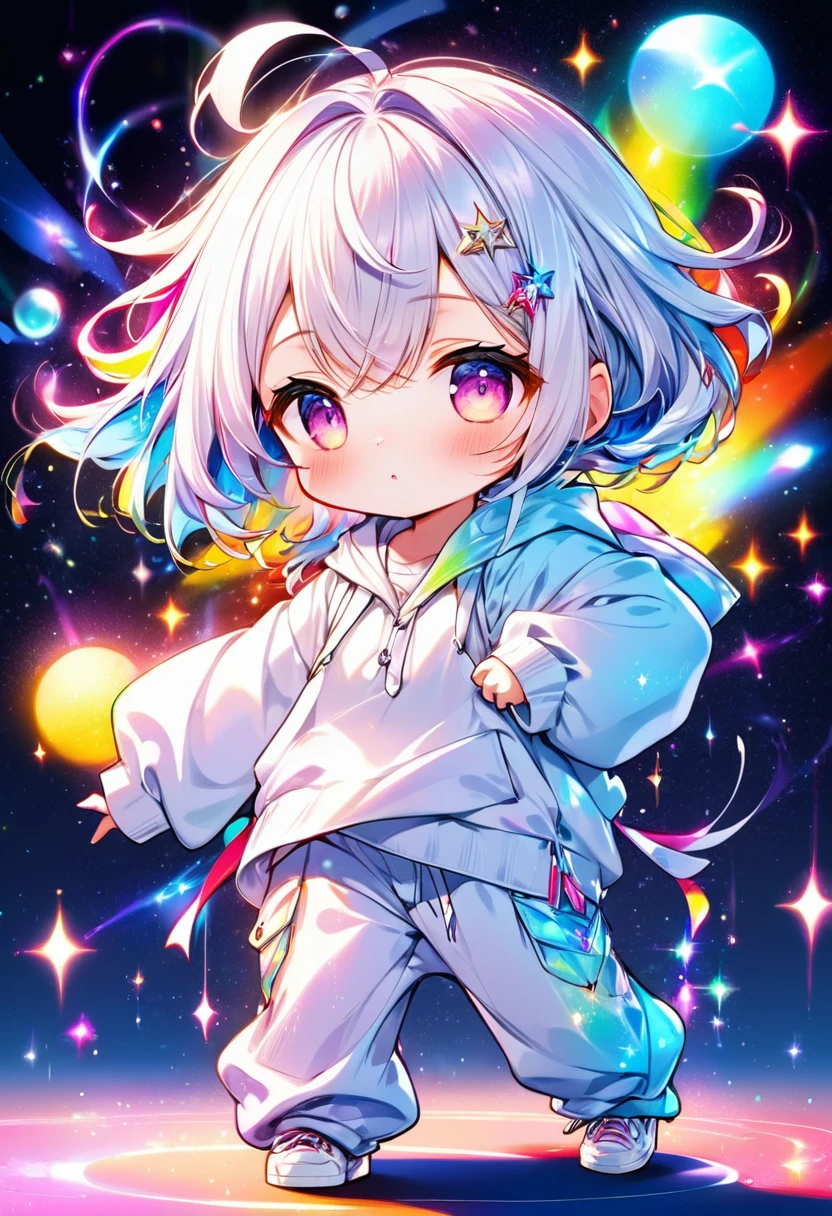 best quality, incredibly absurdres, extremely detailed, 2.5D, delicate and dynamic, chibi, cute girl, wearing baggy clothes, baggy pants, sparkly and vivid color effects, background another dimension