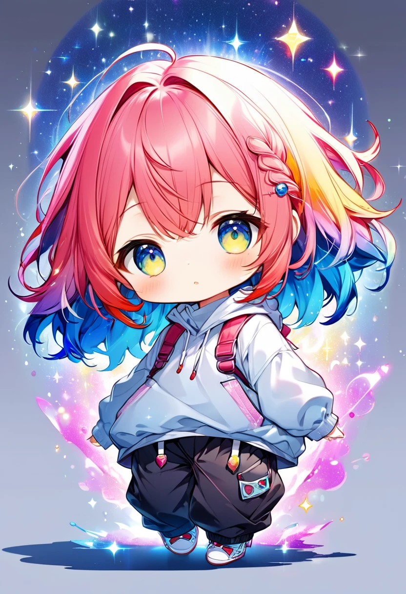 best quality, incredibly absurdres, extremely detailed, 2.5D, delicate and dynamic, chibi, cute girl, wearing baggy clothes, baggy pants, sparkly and vivid color effects, background another dimension