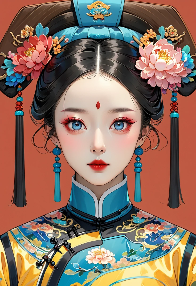 Makeup for Qing Dynasty Palace Drama，Thick coating of the board，Colored pencils，Procreate board drawing beautiful digital art，Clean lines，Beautiful Chinese Qing Dynasty Princess，Bright Eyes，Exquisite facial features，(((Qing Dynasty flag head，Flowers)))，symmetry，Delicate hair，Qing Dynasty Clothing，Bright colors，High Saturation，Red background