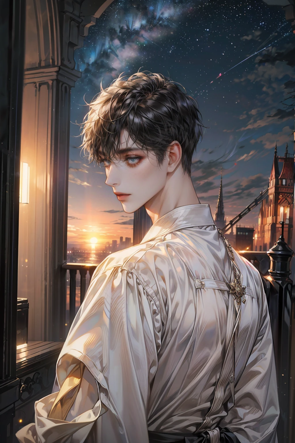((4K works))、masterpiece、(top-quality)、One Beautiful Boy、Slim body、tall、((Black Y-shirt and white pants、Charming street style))、(Detailed beautiful eyes)、Stylish English Black Balcony、Castle inhabited by villains、Black shop window、Balcony at night、((Starry sky in the background))、((dark sky))、((Stylish cityscape))、((Shot on a stylish veranda))、mid night、((Short-haired black hair))、((Smaller face))、((Neutral face))、((White eyes))、((American adult male))、((Adult male 26 years old))、((Cool Men))、((Like a celebrity))、((Wild look))、((Korean Makeup))、((elongated and sharp eyes))、((Happy dating))、((boyish))、((Upper body photography))、Professional Photos、((Shot alone))、((shot from back))、((Shot so that the back of the head is visible))、((Shot in close proximity to him))、((Focus zoom in))、((He is watching the sunset))、((He is standing on the balcony))