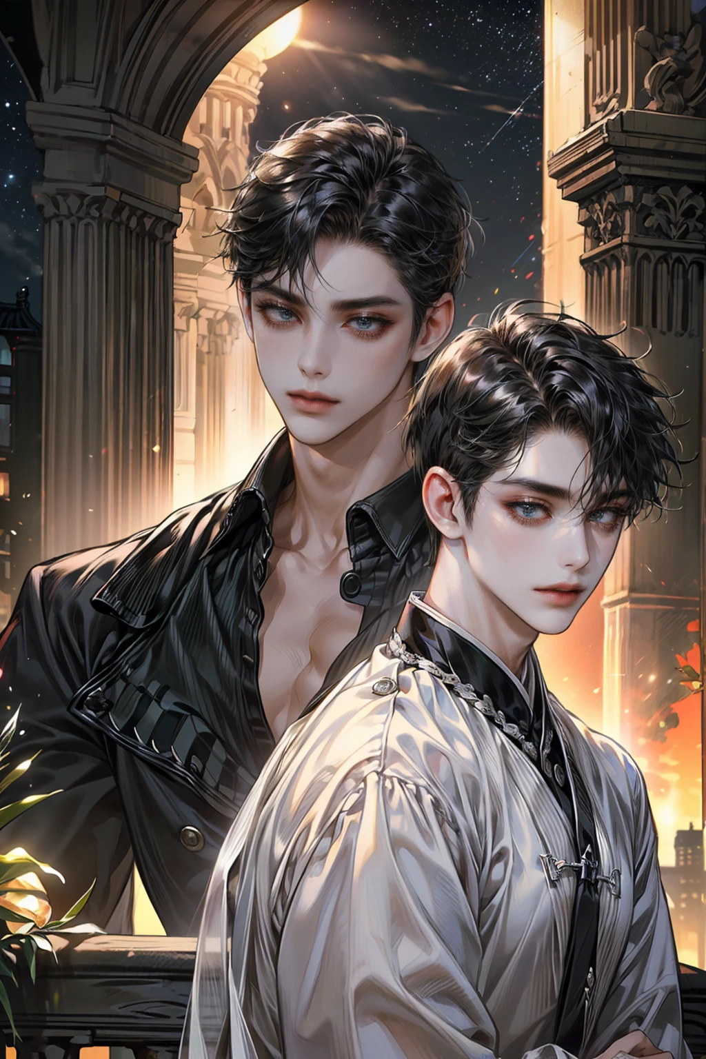 ((4K works))、masterpiece、(top-quality)、One Beautiful Boy、Slim body、tall、((Black Y-shirt and white pants、Charming street style))、(Detailed beautiful eyes)、Stylish English Black Balcony、Castle inhabited by villains、Black shop window、Balcony at night、((Starry sky in the background))、((dark sky))、((Stylish cityscape))、((Shot on a stylish veranda))、mid night、((Short-haired black hair))、((Smaller face))、((Neutral face))、((White eyes))、((American adult male))、((Adult male 26 years old))、((Cool Men))、((Like a celebrity))、((Wild look))、((Korean Makeup))、((elongated and sharp eyes))、((Happy dating))、((boyish))、((Upper body photography))、Professional Photos、((Shot alone))、((shot from back))、((Shot so that the back of the head is visible))、((Shot in close proximity to him))、((Focus zoom in))、((He is watching the sunset))、((He is standing on the balcony))