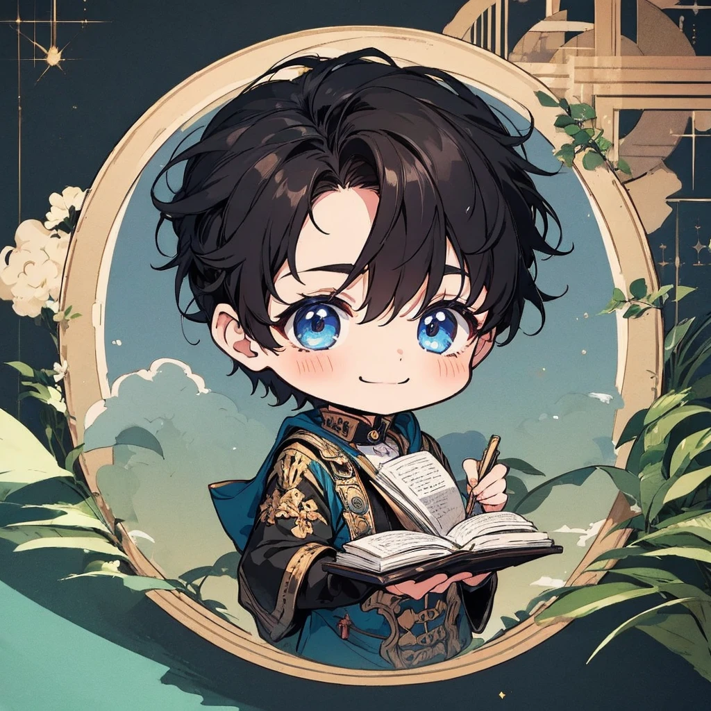 masterpiece , best quality , man , reading , chibi anime boy , smile , black hair